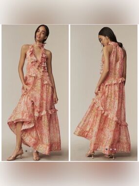 BHLDN | Dresses | Bhldn Vneck Tiered Ruffle Lace Satin Maxi Dress | Poshmark